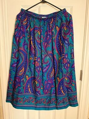 Vintage Teal Paisley A-Line Skirt with Purple, Pink & Gold Accents